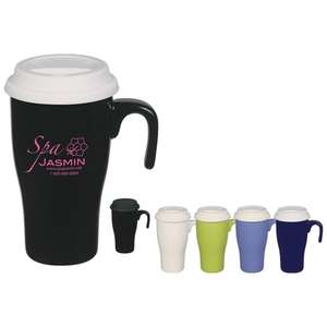 15 Oz Double Wall Ceramic Travel Mug with Silicone Lid and Open Handle
