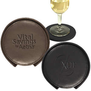 Custom Promotional Leeman Lincoln Center Round Leather Coaster Set