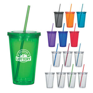 Custom Promotional 16 oz Double Wall Acrylic Tumbler with Straw
