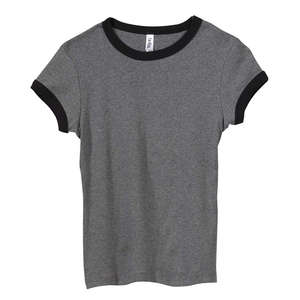 Bella Women's 1x1 Baby Rib Ringer T-Shirt - Dark/All Gray, Deep Heathered/Black