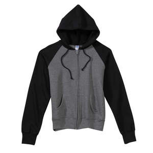 Bella Women's Two-Tone Full-Zip Raglan Hoodie - Dark/All Gray, Deep Heathered/Black