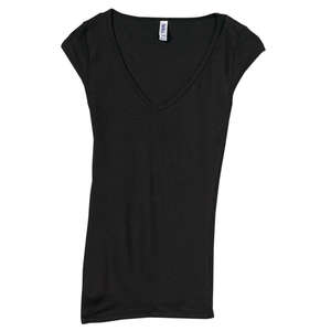 Bella Women's Tori Sheer Rib Cap-Sleeve Deep V-Neck T-Shirt - Dark/All Black