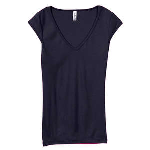 Bella Women's Tori Sheer Rib Cap-Sleeve Deep V-Neck T-Shirt - Dark/All Blue, Midnight