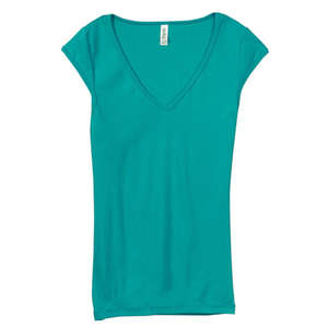 Bella Women's Tori Sheer Rib Cap-Sleeve Deep V-Neck T-Shirt - Dark/All Teal