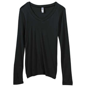 Bella Women's Andrea Sheer Rib Long-Sleeve Longer-Length V-Neck T-Shirt - Dark/All Black