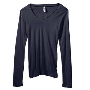 Bella Women's Andrea Sheer Rib Long-Sleeve Longer-Length V-Neck T-Shirt - Dark/All Blue, Midnight