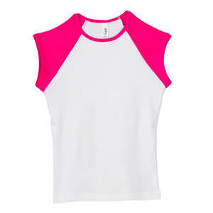 Bella Girl's 1x1 Baby Rib Contrast Cap-Sleeve Raglan T-Shirt - Dark/All White/Fuchsia
