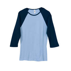 Bella Women's 1x1 Baby Rib 3/4-Sleeve Contrast Raglan T-Shirt - Dark/All Blue, Baby/Blue, Navy
