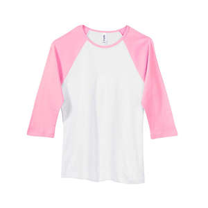 Bella Women's 1x1 Baby Rib 3/4-Sleeve Contrast Raglan T-Shirt - Dark/All White/Pink