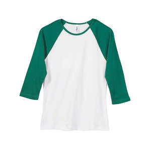 Bella Women's 1x1 Baby Rib 3/4-Sleeve Contrast Raglan T-Shirt - Dark/All White/Green, Kelly