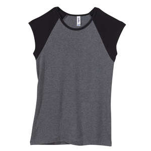 Bella Women's 1x1 Baby Rib Contrast Cap-Sleeve Raglan T-Shirt - Dark/All Gray, Heathered/Black