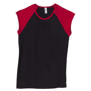 Bella Women's 1x1 Baby Rib Contrast Cap-Sleeve Raglan T-Shirt - Dark/All Black/Red