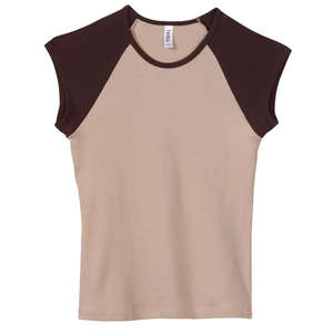 Bella Women's 1x1 Baby Rib Contrast Cap-Sleeve Raglan T-Shirt - Dark/All Tan/Chocolate