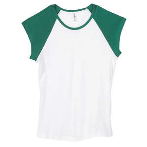 Bella Women's 1x1 Baby Rib Contrast Cap-Sleeve Raglan T-Shirt - Dark/All White/Green, Kelly