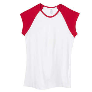 Bella Women's 1x1 Baby Rib Contrast Cap-Sleeve Raglan T-Shirt - Dark/All White/Red