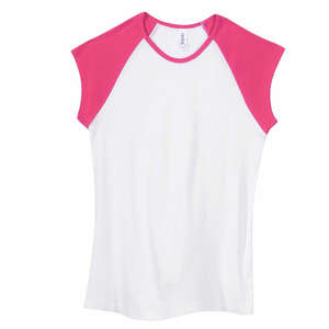 Bella Women's 1x1 Baby Rib Contrast Cap-Sleeve Raglan T-Shirt - Dark/All White/Fuchsia