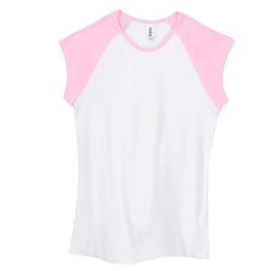 Bella Women's 1x1 Baby Rib Contrast Cap-Sleeve Raglan T-Shirt - Dark/All White/Pink