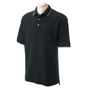 Devon & Jones Men's Tipped Perfect Pima Interlock Polo - Dark/All Black/Gray, Heathered