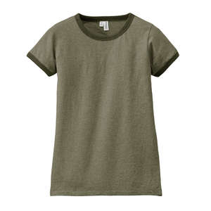 District Threads Junior Ladies Heathered Jersey Perfect Weight Ringer Tee - Dark/All Green, Heathered Army