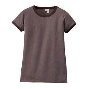District Threads Junior Ladies Heathered Jersey Perfect Weight Ringer Tee - Dark/All Brown, Heathered Mocha