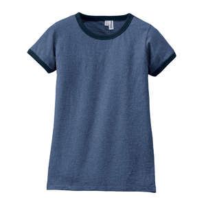 District Threads Junior Ladies Heathered Jersey Perfect Weight Ringer Tee - Dark/All Blue, Heathered Navy