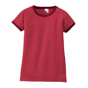 District Threads Junior Ladies Heathered Jersey Perfect Weight Ringer Tee - Dark/All Red, Deep Heathered