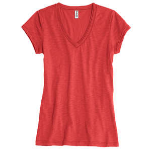 District Threads Junior Ladies Slub V-Neck Tee - Dark/All Red, Poppy