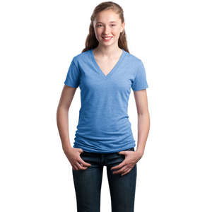 District Threads Junior Ladies Tri-Blend V-Neck Tee - Dark/All Blue, Maritime Heathered