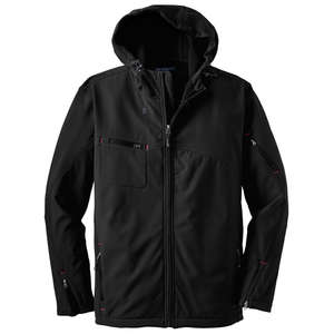 Port Authority Textured Hooded Soft Shell Jacket - Dark/All Black/Red, Engine