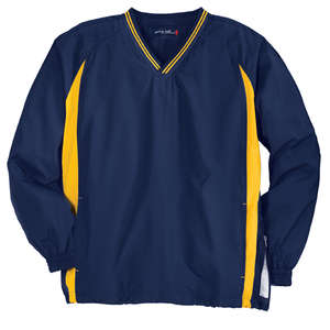 Sport-Tek Tipped V-Neck Raglan Wind Shirt - Dark/All Blue, Navy/Gold