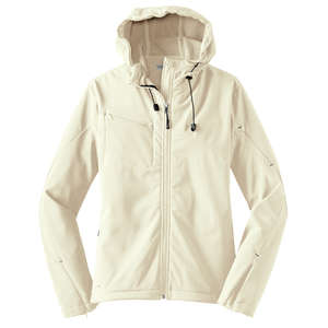 Port Authority Ladies Textured Hooded Soft Shell Jacket - Dark/All White, Chalk/Charcoal