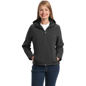 Port Authority Ladies Textured Hooded Soft Shell Jacket - Dark/All