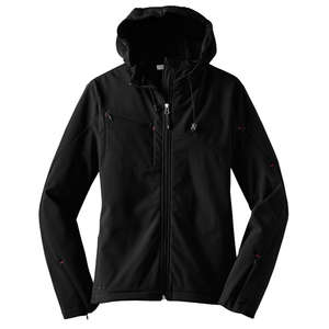 Port Authority Ladies Textured Hooded Soft Shell Jacket - Dark/All Black/Red, Engine