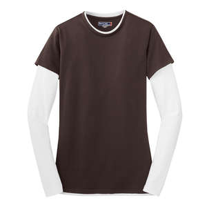 Sport-Tek Ladies Long Sleeve Double Layer T-Shirt - Dark/All Brown, Dark Chocolate/White