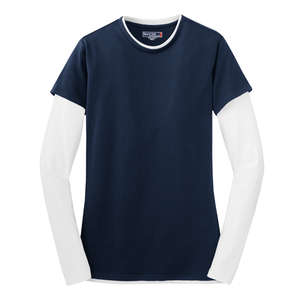 Sport-Tek Ladies Long Sleeve Double Layer T-Shirt - Dark/All Blue, Navy/White