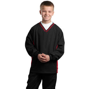 Sport-Tek Youth Tipped V-Neck Raglan Wind Shirt - Dark/All Black/Red