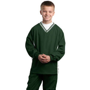 Sport-Tek Youth Tipped V-Neck Raglan Wind Shirt - Dark/All Green, Forest/White