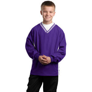 Sport-Tek Youth Tipped V-Neck Raglan Wind Shirt - Dark/All Purple/White