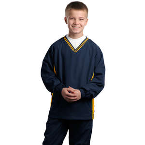 Sport-Tek Youth Tipped V-Neck Raglan Wind Shirt - Dark/All Blue, Navy/Gold