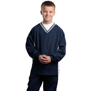 Sport-Tek Youth Tipped V-Neck Raglan Wind Shirt - Dark/All Blue, Navy/White