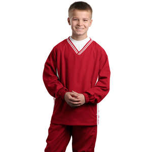 Sport-Tek Youth Tipped V-Neck Raglan Wind Shirt - Dark/All Red/White
