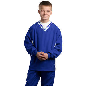 Sport-Tek Youth Tipped V-Neck Raglan Wind Shirt - Dark/All Blue, Royal/White