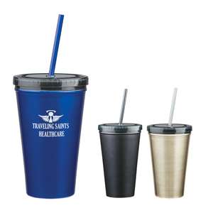 Custom Promotional 16 oz. Stainless Steel Double Wall Tumbler with Straw