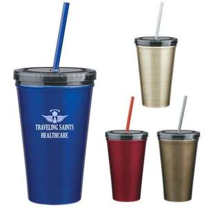 16 oz. Stainless Steel Double Wall Tumbler with Straw