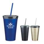 Promotional Plastic Cups & Stadium Cups - 16 oz. Stainless Steel Double Wall Tumbler with Straw