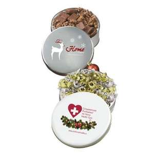 Custom Promotional Glad Tidings Tin with Dark Chocolate Almonds and Milk Chocolate Cashews