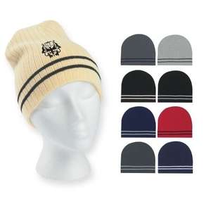 Ribbed Knit Beanie with Double Stripe