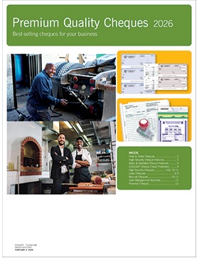 Smiling people at their workplace and images of custom printed cheques