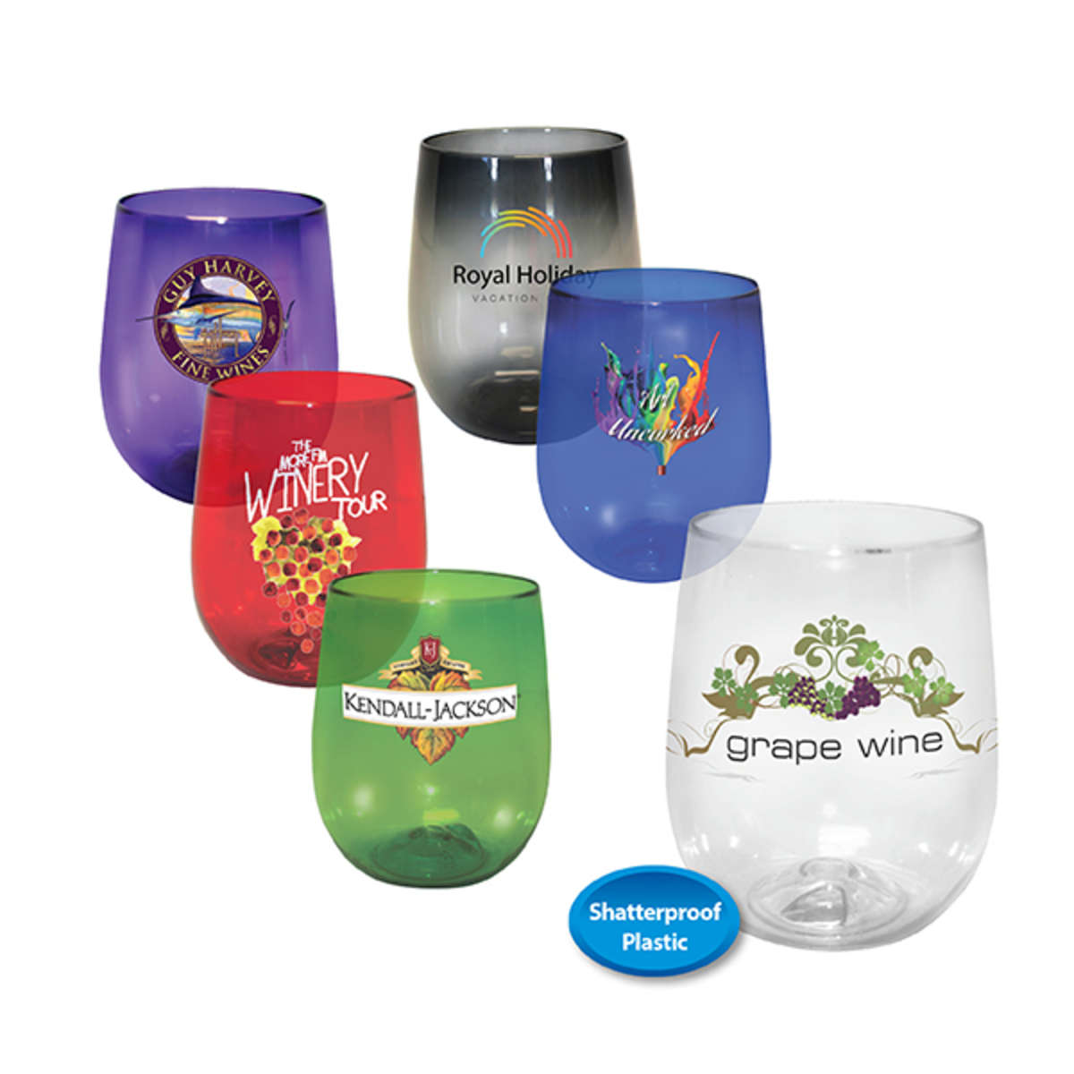 12 oz. Plastic Stemless Wine Glass Full Color Deluxe