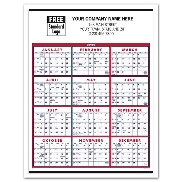 Custom Span-A-Year Calendar, Red & Blue Grid - 2026 | Deluxe.com